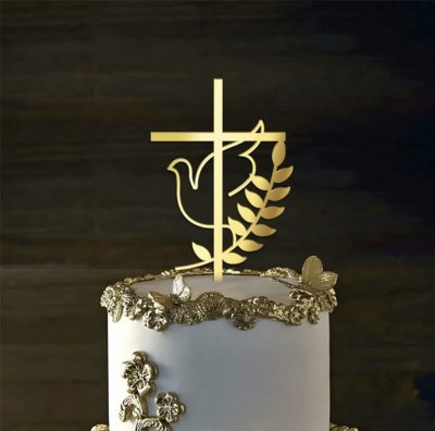 Zoom bild av Cake Topper - Kors med fågel och blad