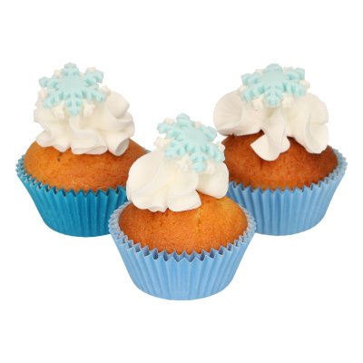 Zoom bild av Sockerdekorationer snöflingor blå/vit på cupcakes